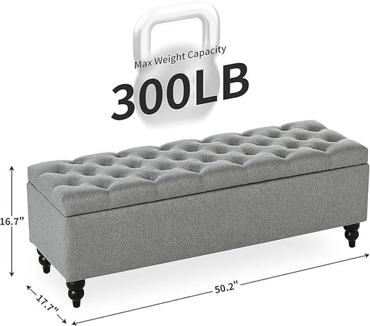 Storage Ottoman Bench 50.2 Inches, Upholstered End of Bed Ottoman Bench with Storage and Seating, Large Blanket Bench for Foot Rest in Bedroom, Living Room, Entryway (Grey)