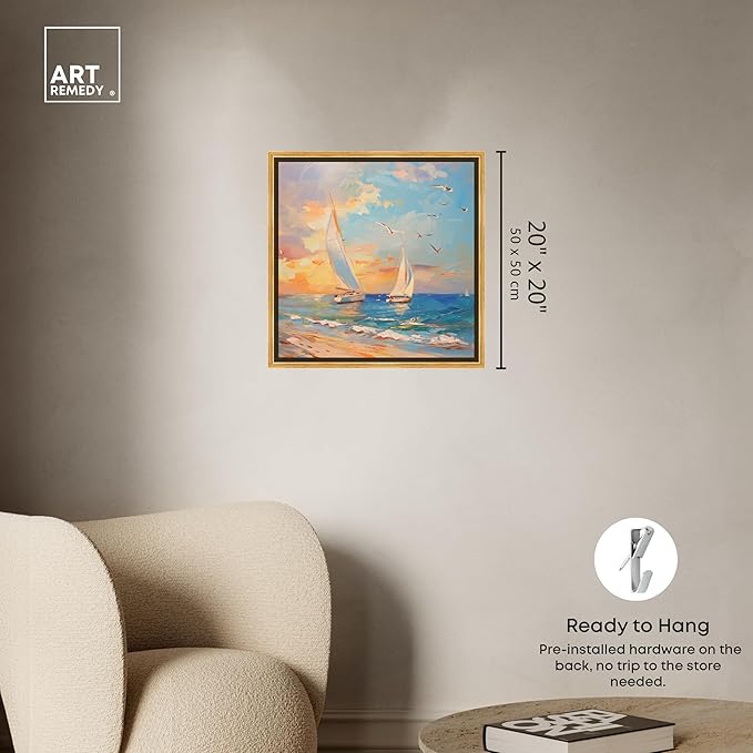 Art Remedy Sailboats In The Sunset Framed Sailing 1 Piece Canvas Wall Art, 21.5" x 21.5", Gold Frame