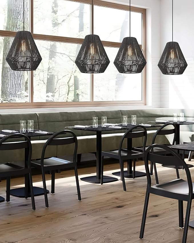 ELYONA Modern Woven Pendant Light Fixtures 12" Farmhouse Coastal Hanging Lamp Matte Black Handwoven Rattan Basket Shade Boho Pendant Light for Kitchen Island Dining Room Bar Bedroom Foyer Hallway