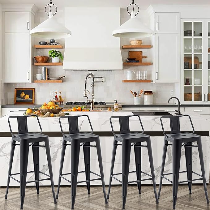 Tongli Metal Bar Stools Set of 4 Barstools Counter Height Bar Stools with Back Industrial Matte Black Bar Stool Indoor Counter Stool Kitchen Island Stools Modern Bar Chair 24 inch