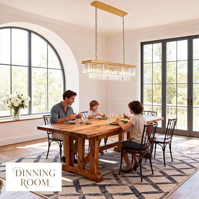 Gold Modern Rectangular Crystal Linear Chandeliers Rectangle Contemporary Pendant Ceiling Light Fixture for Kitchen Island, Dining Room, Bar, 12-Light 47 Inches