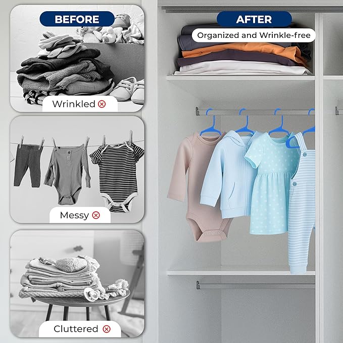 SereneLife 60 Pack Kids Plastic Hangers - Slim Design with Shoulder Grooves, Everyday Standard Use, Ideal for Boys and Girls Closet - Children's Hangers for Baby, Toddler, and Child Clothes (Blue)
