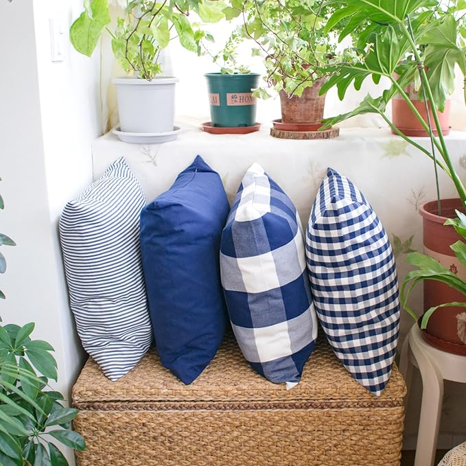 HOPLEE Christmas Pillow Covers 18x18 Nautical Blue and White Pillow Covers with Buffalo Plaid, Solid Navy Blue, Striped and Gingham Plaid Design 18x18 inch,4 Pack