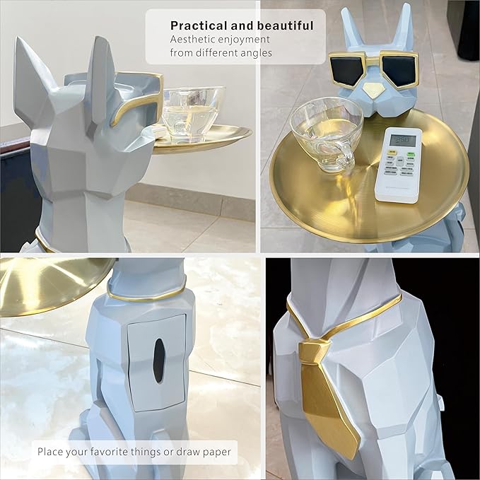 Beautiful and Elegant Decorative Pieces for Home, Dog Side Table with Tray and Storage，Dog 3D Sculpture Coffee Table Unique Home Decor(Gray)