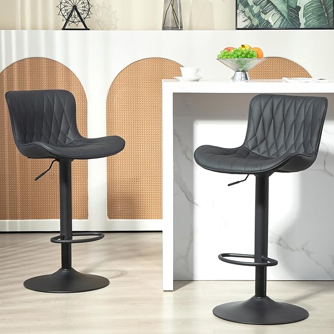 Finnhomy Bar Stools Set of 2, Modern 360° Swivel Faux Leather Bar Stools, 24"-32.5" Seat Height with Back, 330 lbs Capacity, SGS Gas Lift, Upholstered Kitchen Chairs for Kitchen Island, Black