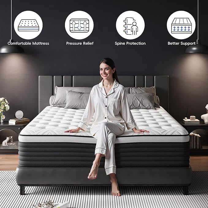 COOLMI Queen Mattress, 12 Inch Hybrid Memory Foam Mattress in a Box, Pressure Relief for Back Support, Medium Firm, Individually Pocket Springs, 100-Night Trial & CertiPUR-US Certified, Queen Size