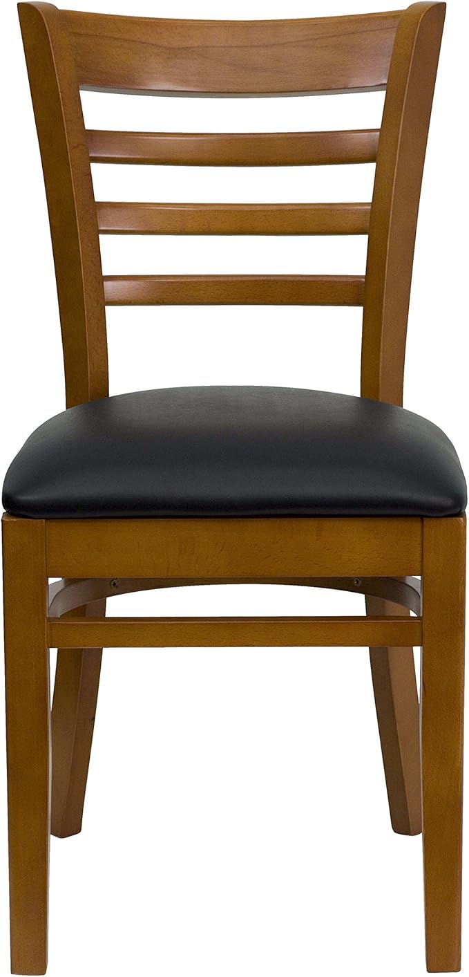 Flash Furniture HERCULES Series Ladder Back Cherry Wood Restaurant Chair - Black Vinyl Seat