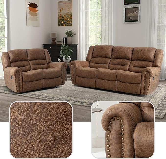 EBELLO Manual Recliner Sofa Set, Faux Leather Reclining Living Room Set, Included Loveseat Manual Recliner Sofa and 3 Seat Sofa, Brown(Loveseat+Sofa)