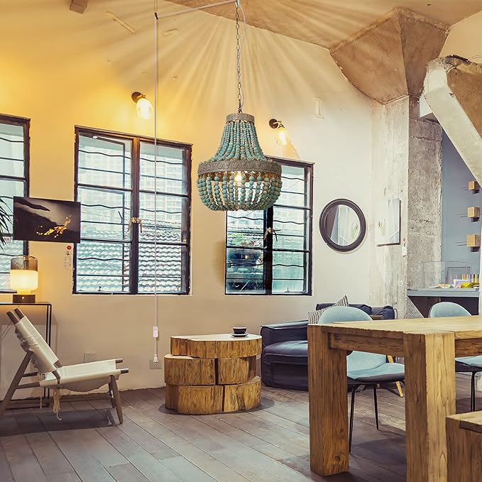 Newrays Wood Bead Chandelier Pendant Bohemian Boho Beachy Ceiling Lamp Light Fixtures (Gray Blue-Small Plug in, 13.58 in*15.74 in)