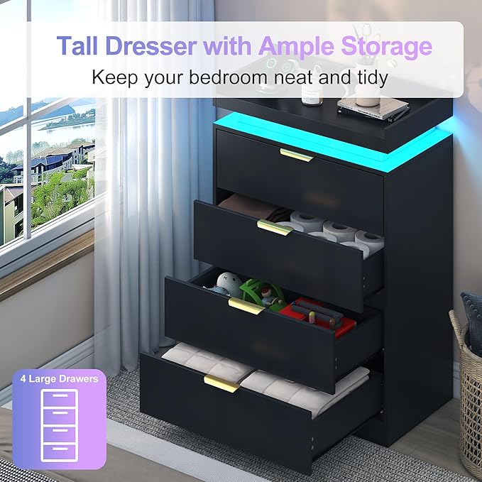 Black Dresser with LED Lights and Power Outlet, Wooden 4 Drawer Dresser Tall Dresser for Bedroom, Modern Chest of Drawers Closet Organizer for Bedroom, Entryway, Hallway