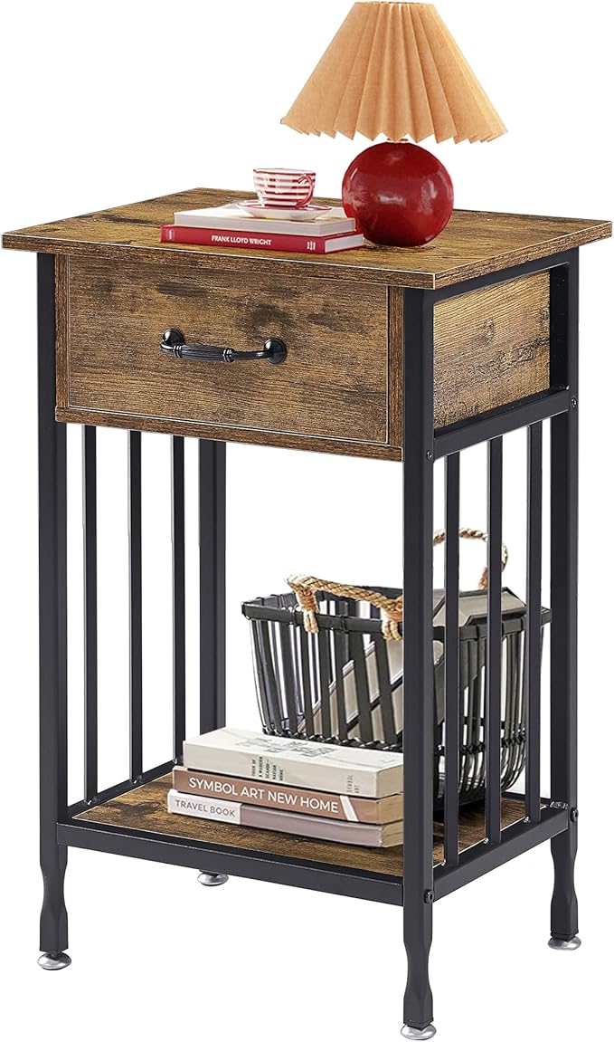 VECELO Night Stand Set 2 with Drawer and Storage Shelf,15.7x11.8x23.6 inches Bedside Table End Table,Wood Nightstands for Bedroom, Living Room,Sofa,Antique Brown,2 Sets
