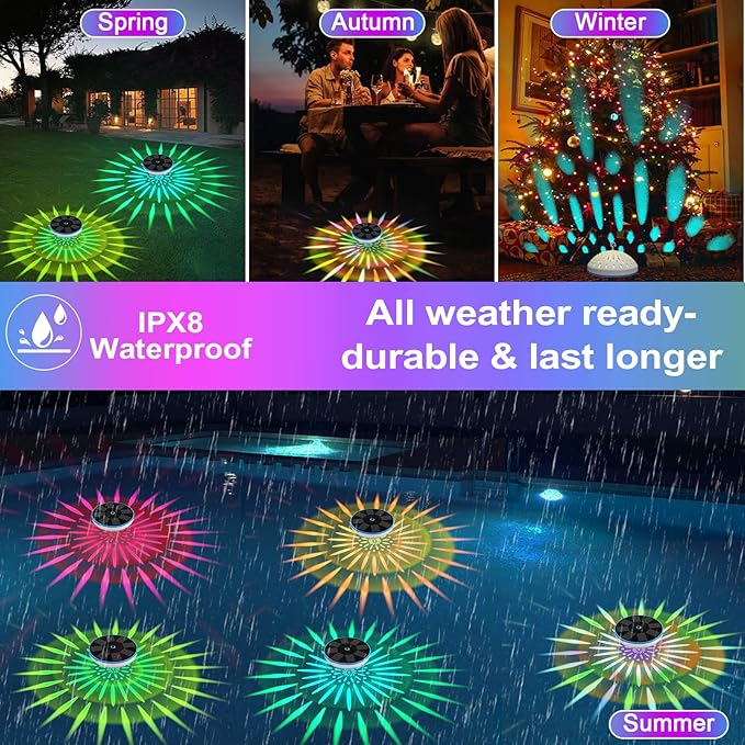RGB Solar Floating Pool Lights, Smart Auto ON/Off Pool Light with 6 Lighting Modes, IPX8 Waterproof LED Color Changing Lights for Inground Pool, Bathtub, Garden, Party Decoration, 1 Pack