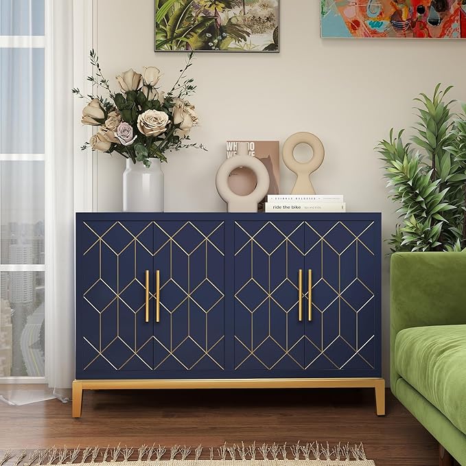 47.8" Storage Accent Cabinet with 4 Doors, Modern Sideboard Buffet Cabinet with Gold Lines, Wood Decorative Credenza with Storage for Living Room, Kitchen, Dining Room, Entryway, Blue