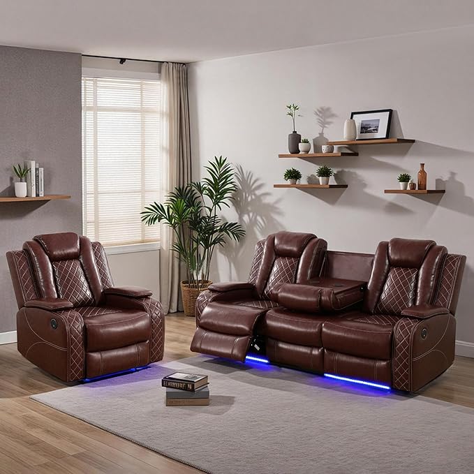 Power Recliner Sofa Sets for Living Room, Leather Recliner Sofa Set with LED Light, Console Storage, Cup Holder for Home Theater Seating(Sofa and Chair,Red)