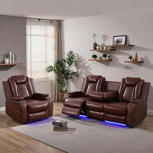 Power Recliner Sofa Sets for Living Room, Leather Recliner Sofa Set with LED Light, Console Storage, Cup Holder for Home Theater Seating(Sofa and Chair,Red)