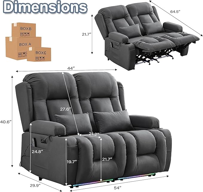 TUNYI Wall Hugger Loveseat Recliner Sofa with Massage & Heat, Power Reclining Loveseat RV Couch with USB/Outlet/Storage/LED Light/Speaker (Grey)