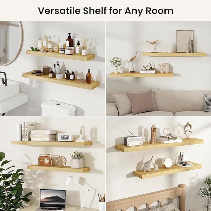 Fun Memories Rustic Wood Floating Shelves for Wall, Space-Saving Wall Mounted Shelves for Bathroom, Bedroom, Living Room and Kitchen, Stylish Storage & Display (Set of 3, Oak, 12 in)