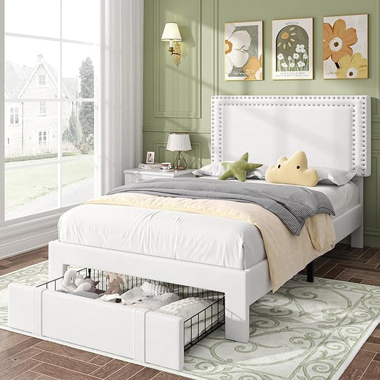 VECELO Twin Platform Bed Frame with Storage Drawer, Adjustable Velvet Headboard, Wooden Slats Support, No Box Spring Needed, Easy Assembly