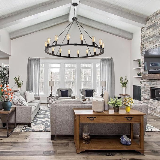 16-Light 48" Large Wagon Wheel Chandelier,Farmhouse Chandelier, Rustic Vintage Black Round Pendant Light Fixtures for Kitchen Island Dining Living Room Foyer Entryway