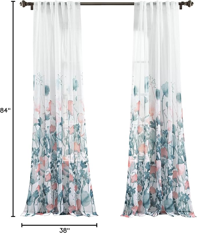 Lush Decor Zuri Flora Sheer Window Curtain Panels Pair 38" W x 84" L Blue & Coral - Sheer Curtains for Living Room - Floral Curtains for Bedroom