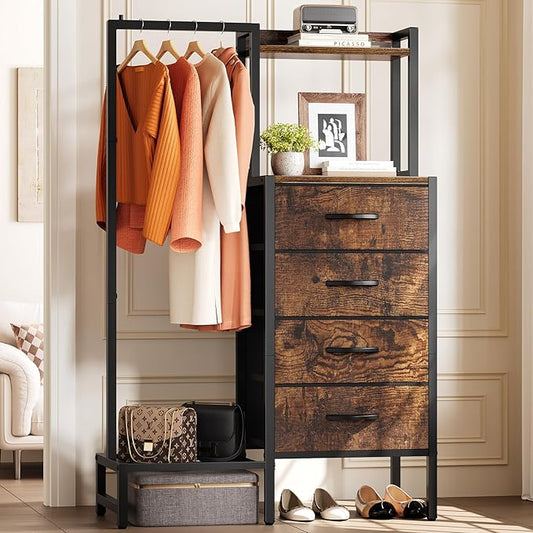 Yoobure Dresser with Hanging Rack - Small Closet with 4 Fabric Storage Drawers, 44"H Dresser with Clothes Rack, Chest of Drawer, Kids Dressers for Bedroom, Entryway, Living Room, Sturdy Frame, Rustic