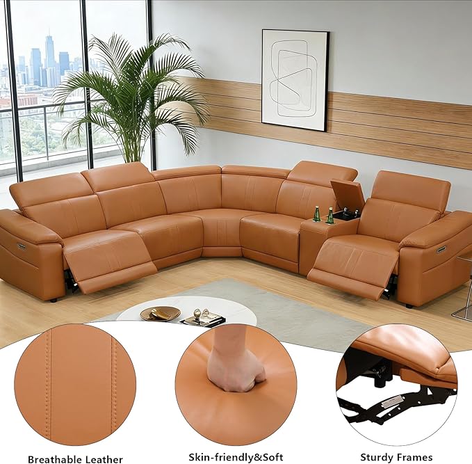 Power Reclining Sectional Sofa for Living Room - Leather Recliner with Console, Cup Holders & USB Ports for Family Movie Nights, Guests, and Everyday Comfort