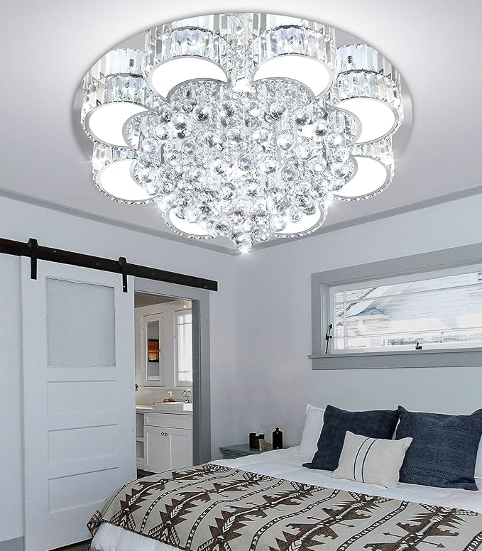 31.4'' Silver Modern Crystal Chandeliers for Dining Room LED Dimmable Light Fixtures Flush Mount Light Living Room Bedrooms