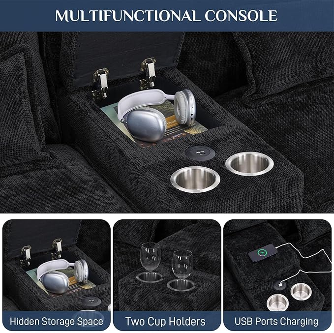 133" Oversized U Shaped Cloud Couch Modular Sectional Couches for Living Room Comfy Chenille Deep Seat Sofa Set with Double Chaise Lounge, Storage Central Console, Cup Holders, USB Port, Dark Black