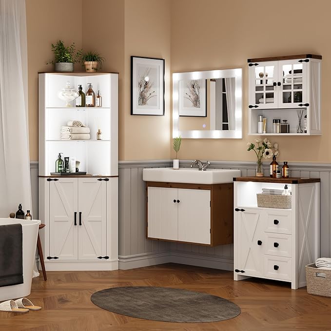 Farmhouse Corner Cabinet with LED Light, 67" Tall Bathroom Cabinet with 2 Doors and 3 Tier Shelves, Free Standing Corner Storage Cabinet for Living Room or Kitchen, White