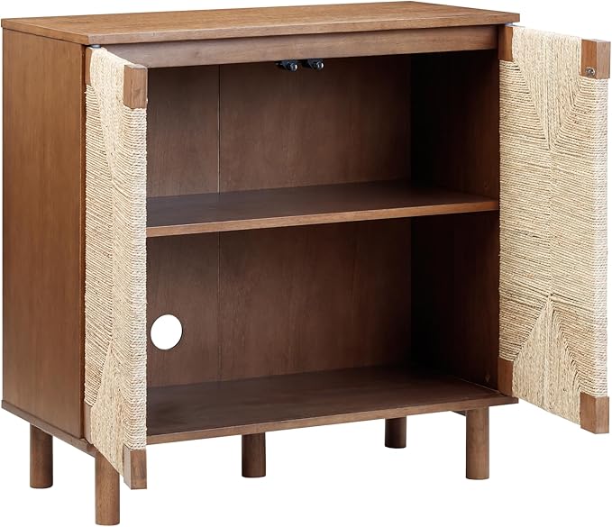 Nathan James Beacon Boho Seagrass Entertainment Center with Bookshelves and Storage Cabinet, Bookcase TV Stand Wall Unit, Fits TVs Up to 65 in. in Dark Brown Finish