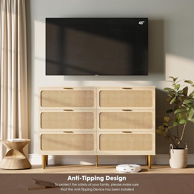 GarveeHome Rattan 6 Drawer Dresser for Bedroom, Large Double Dresser with Deep Drawers, Wooden Chest of Drawers for Closet with Wide Top, for Living Room, Hallway, Kids Room, Natural