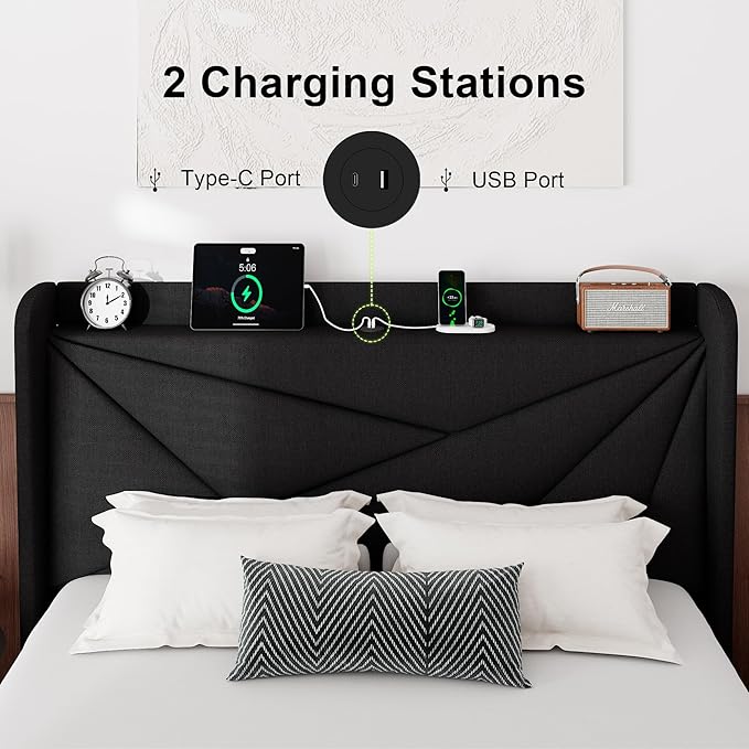 Feonase Queen Size Bed Frame with Charging Station, Linen Upholstered Platform Bed Frame with Wingback Storage Headboard, Solid Wood Slats Support, No Box Spring Needed, Noise Free, Black
