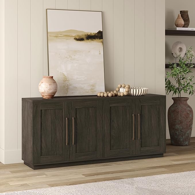 Henn&Hart 68" Sideboard Buffet Cabinet, Modern Credenza with 4 Panel Doors, Adjustable Shelves, and Cable Management Cut-Outs for Dining Room, Kitchen, Living Room or Entryway, Warm Brown