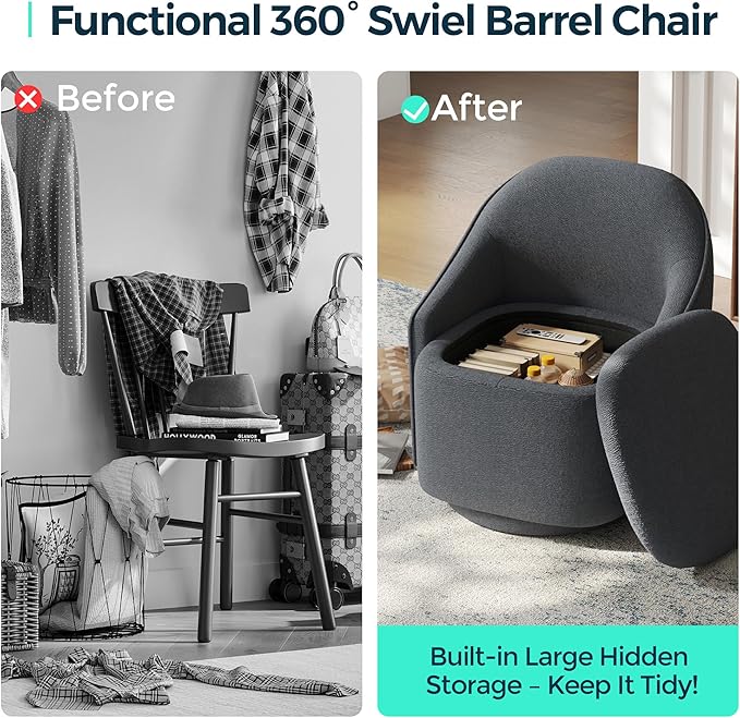 LINSY Swivel Accent Chair Set of 2, Comfy Chenille Barrel Chairs with Storage 360 Swivel Modern Armchair for Living Room Bedroom, Small Boucle Reading Chair for Study Room (Grey)