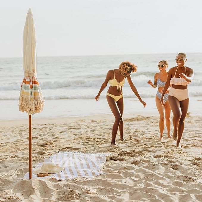 BEACH STATE Summerland 6.5 Feet Beach Umbrella with Fringe - Patio Umbrella - Outdoor Umbrella - UV50+ Sun Protection