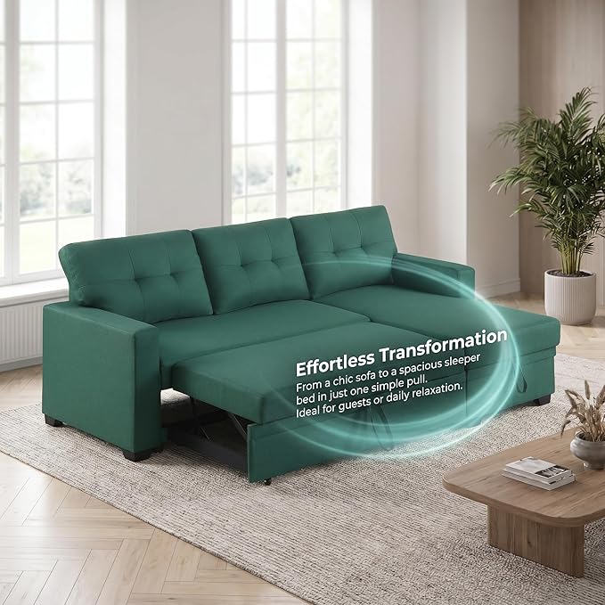 Pull Out Couch, L Shaped Sectional Couch with Pull Out Bed, Convertible Sofa Bed with Storage Chaise, Twin Size Sleeper Sofa, Sofa Bed Couch, Sleeper Sofa with Storage, Green