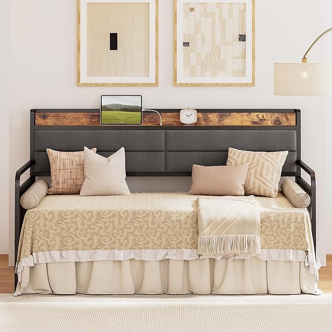 LIKIMIO Daybed with Trundle, Sturdy Metal Twin XL Size Bed Frame with Upholstered Headboard and Charging Station for Living Room, Bedroom and Guest Room, Black