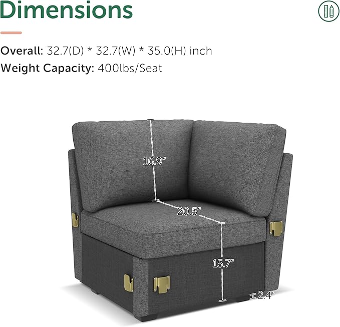 HONBAY Corner Seat for Sectional Sleeper Sofa, Corner Module for Modular Sleeper Couch with Pull Out Bed, Dark Grey