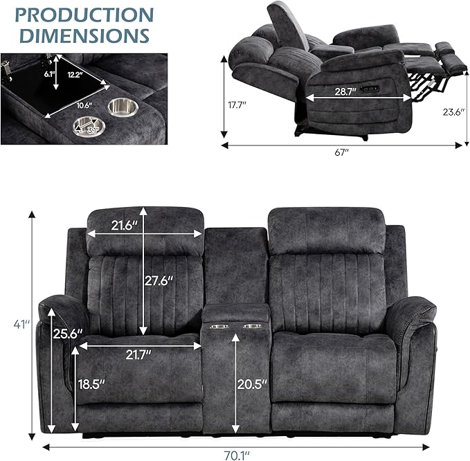 Zero Gravity Power Reclining Loveseat with Adjustable Headrest, Power Loveseat Recliner with Console, Power Loveseat Recliner Sofa with USB & Type-C Ports for Living Room(Grey)