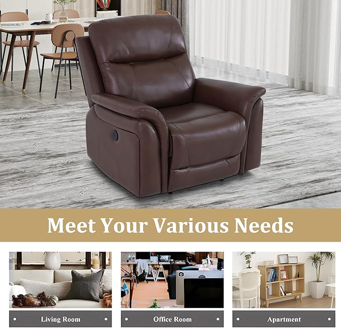 Breathable Leather Power Recliner Sofa Set, 3 Piece Living Room Furniture Set, Reclining Sofa Loveseat Chair Set with LED Lighting/USB Port/Cup Holders/Storage for Home Theater (Reddish Brown)