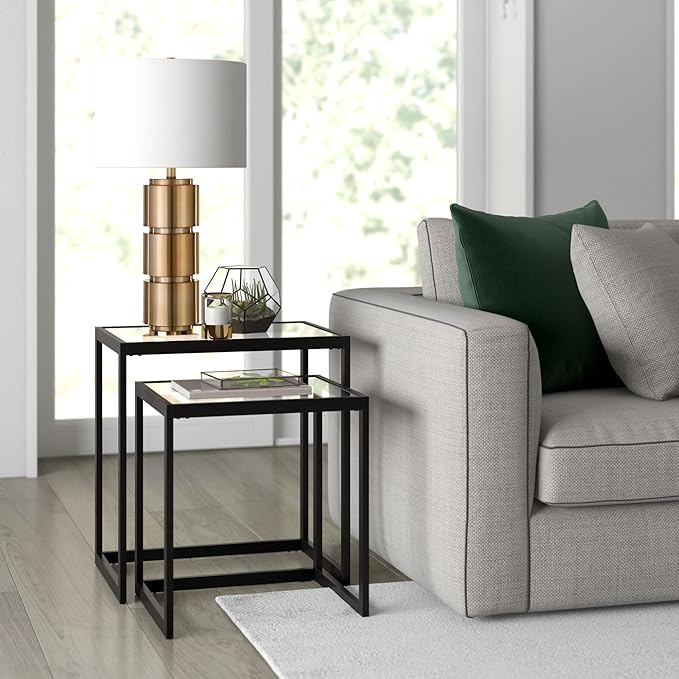Henn&Hart 27" Mid-Century Modern 1-Light Table Lamp with White Fabric Drum Shade for Living Room, Bedroom, or Office, Gold