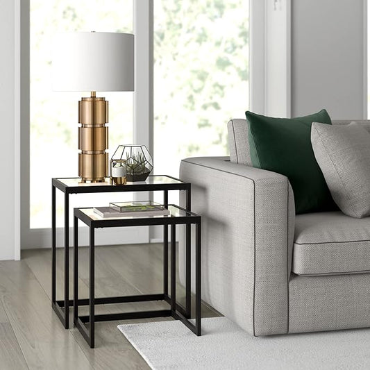 Henn&Hart 27" Mid-Century Modern 1-Light Table Lamp with White Fabric Drum Shade for Living Room, Bedroom, or Office, Gold