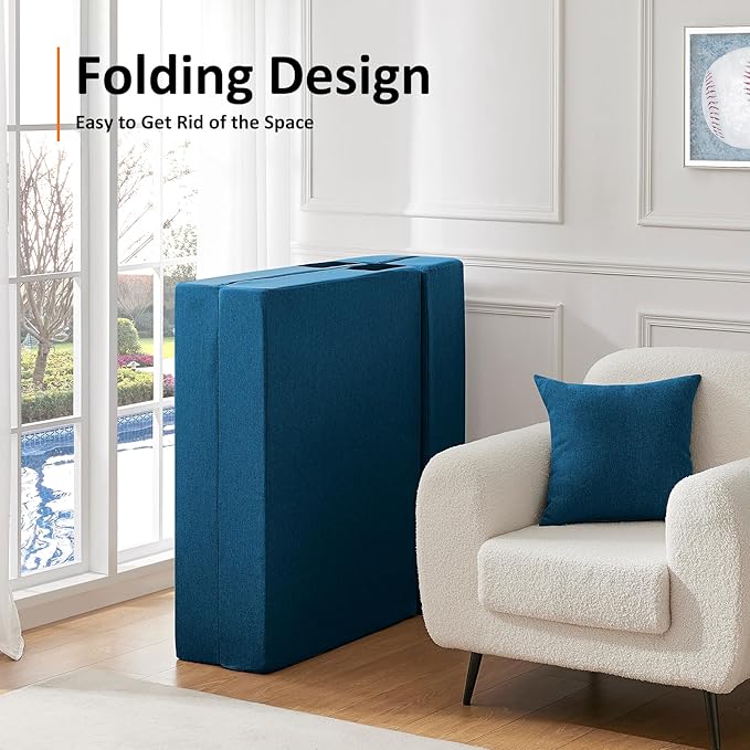 JKMAX Twin Size Folding Sofa Bed - 4 in 1 Foldable Couch with Pillow - High Density Memory Foam Sleeper Chair - Convertible Fold Out Bed with Washable Modern Linen Cover for Home Office (Blue)