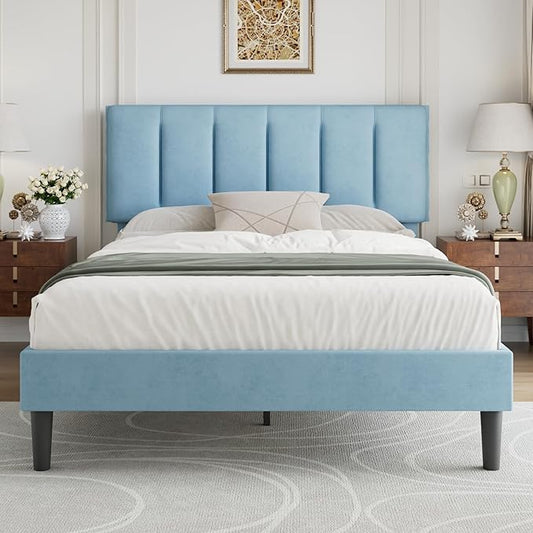 VECELO Queen Size Bed Frame with Upholstered Headboard, Heavy-Duty Bedframe with Wooden Slats & Steel Framework, Easy Assembly, Light Blue