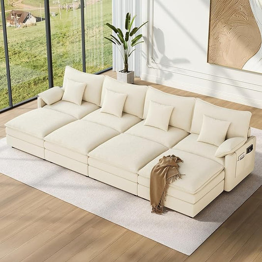 Vesgantti 142" Oversized Sectional Sofa Bed, 8-Seater Modular Sleeper Cloud Couch with Movable Ottoman, Chenille Convertible Sofa Set Deep Seat Couches for Living Room, Bedroom and Apartment, Beige | Sink-in Comfort, Height Adjustable, Easy Rearrangeme...