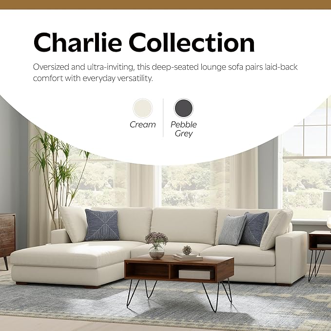 SIMPLIHOME Charlie Left-Facing Sectional Sofa in 100% Recycled Polyester Tightly Woven Performance Fabric, Cream, 122-inches Wide, Handcrafted Contemporary Style L-Shaped Couch with Chaise
