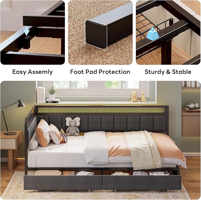 LIKIMIO Twin XL Corner Bed Frame with Storage Drawers and Charging Station, Modern Twin XL Daybed with LED Lights and Upholstered Guardrail, Gray