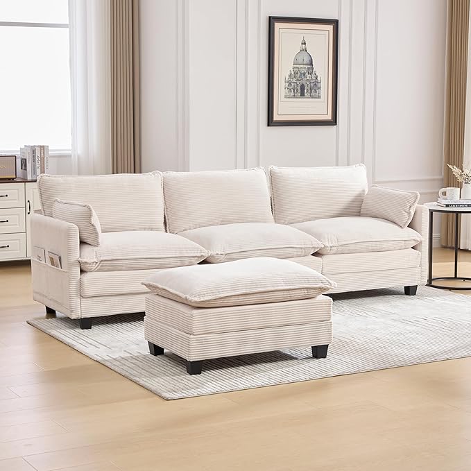 103" Oversized Modular Sectional Sofa Couch with Reversible Ottoman, Free Combination Convertible Corner Couch,Corduroy Upholstered Cloud Sectional Couch with Side Pockets | Multiple Cushions, DIY Combination, Removable Cover