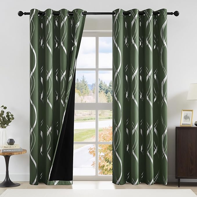 NICETOWN 100% Blackout Curtains 84 inch Length 2 Panels Set, Dark Mallard, 52" x 84", Noise Reducing Thermal Insulated Wave Line Foil Print Design Blackout Curtains for Hall Closet Villa Door
