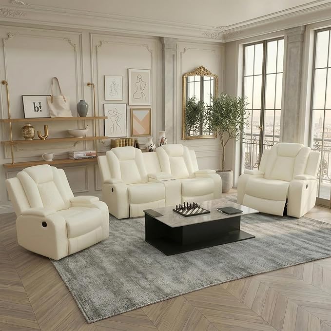 Power Recliner Sofa Set, Air Leather Reclining Couch with LED, Reclining Living Room Sofa and Loveseat Chair for House/Apartment/Office (Creamy White, LOVESEAT+2 Chairs)